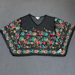 Rachel Zoe Poncho Womens OS Black Embroidered Floral Sheer Mesh V-Neck Metallic